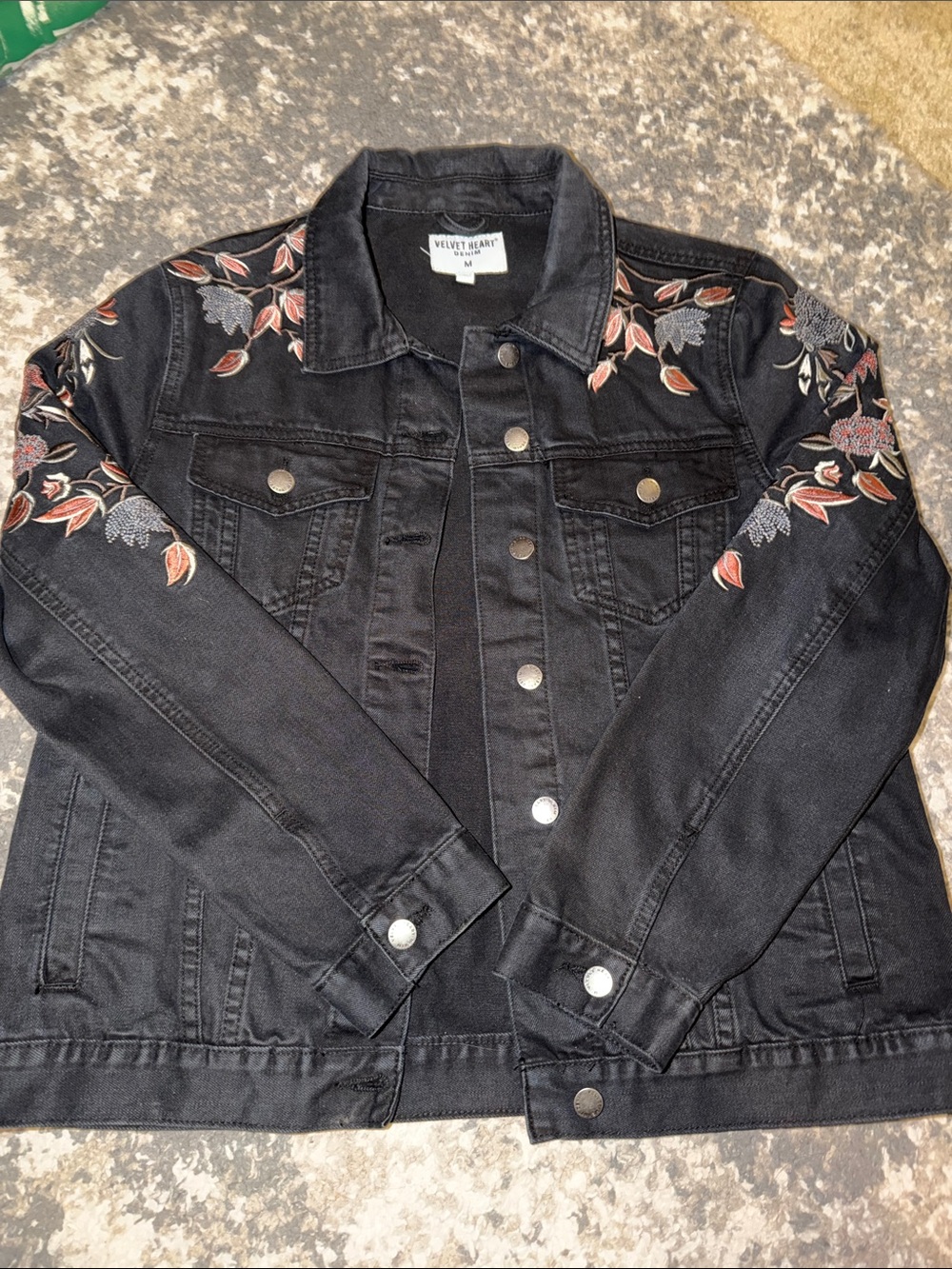 Velvet Heart Black Denim Jacket with Floral Embroidery